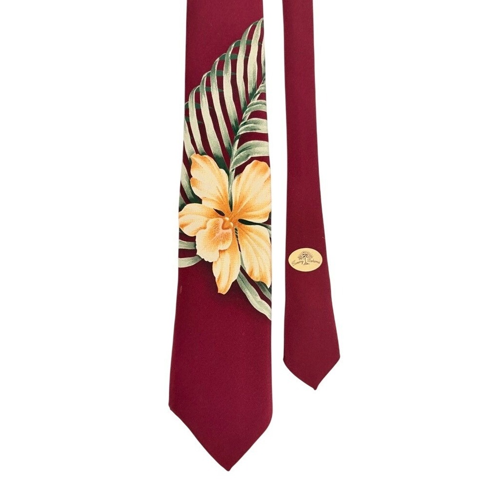 Tommy Bahama Mens Silk Tie Maroon Burgundy Tropical Floral Orchid Palm Leaf USA